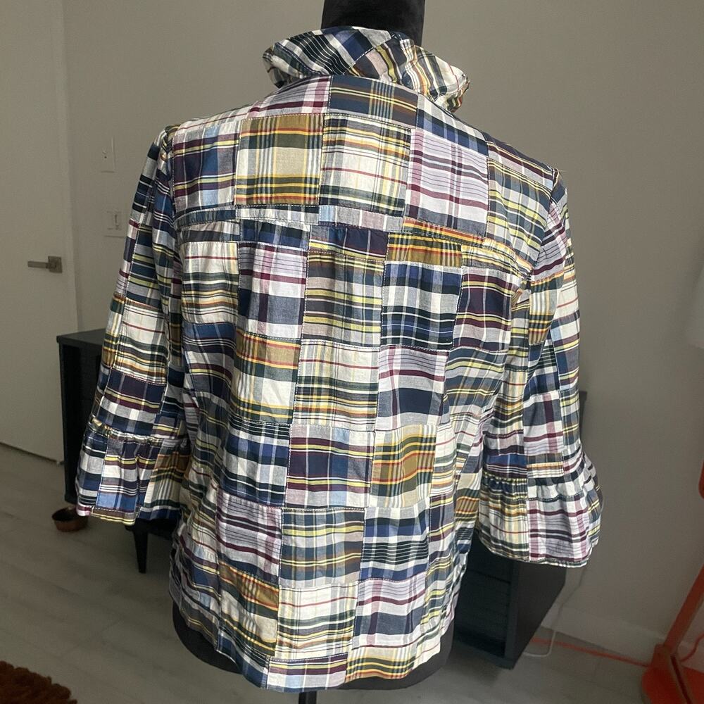 90s J. Crew Women's 6 Rainbow Madras Plaid Ruffled Swing 1/4 Sleeve Jacket - Picture 6 of 9